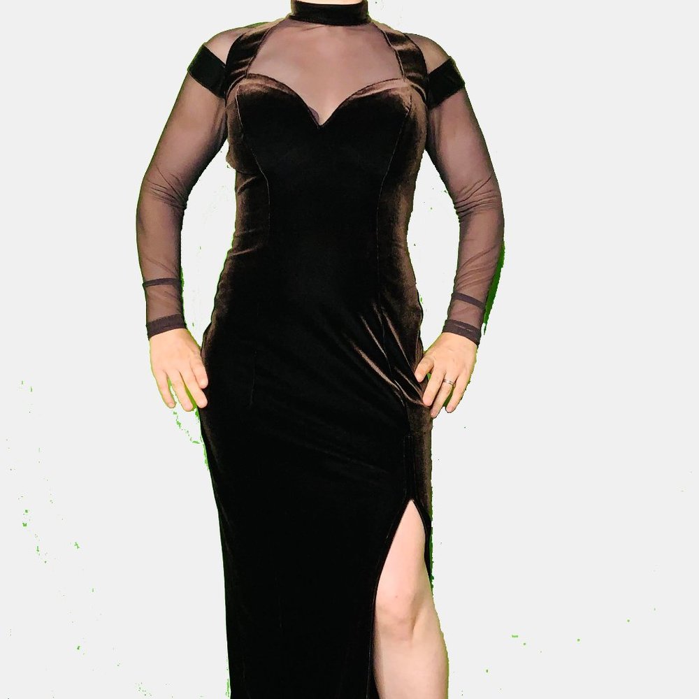 Tadashi Shoji Luxury Long Velvet Sheer Black Cocktail Dress Evening Gown Sz 2 XS